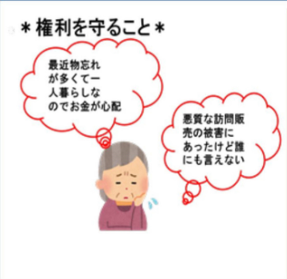 おばあさんが頬づえをついて「最近物忘れが多くて一人暮らしなのでお金が心配、悪質な訪問販売の被害にあったけど誰にも言えない」と悩んでいるイラスト