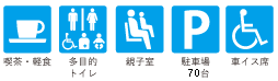 喫茶・軽食、多目的トイレ、駐車場70台、車イス席のマーク