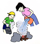 たき火に水をかけて消火している女性と男の子のイラスト