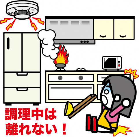 「調理中は離れない！」の文字と、てんぷら鍋から炎と煙があがり警報機が作動し、驚いて尻もちをついている女性のイラスト
