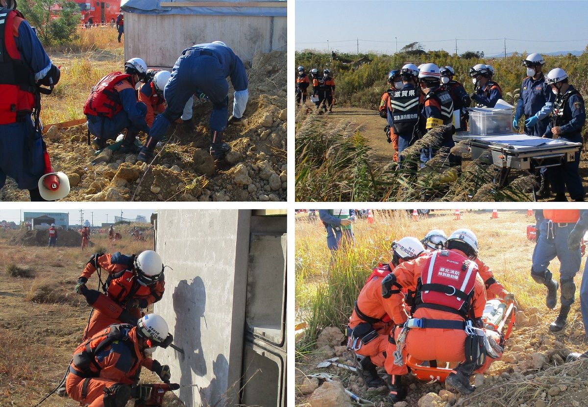 左上：ヘルメットを被った3名の消防団員が土砂付近にしゃがんでいる訓練の様子の写真。右上：資料を置いた簡易テーブルの周りに集まっている消防団員の写真。左下：2名消防団員がドリルを使ってコンクリートの壁に穴を開けている訓練の様子の写真。右下：救助した人を担架に乗せている訓練の様子の写真