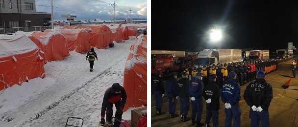 緊急消防援助隊、宿営の様子と解隊式の様子の写真