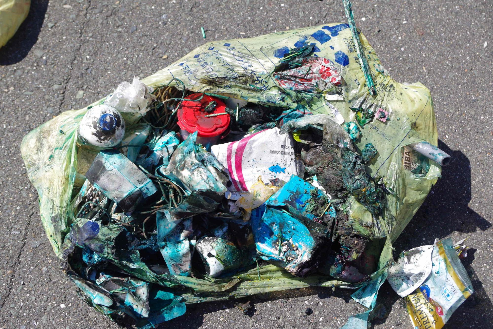 燃えたごみ袋の写真