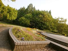 奥には木が立ち並び、レンガ造りの花壇がある公園の写真