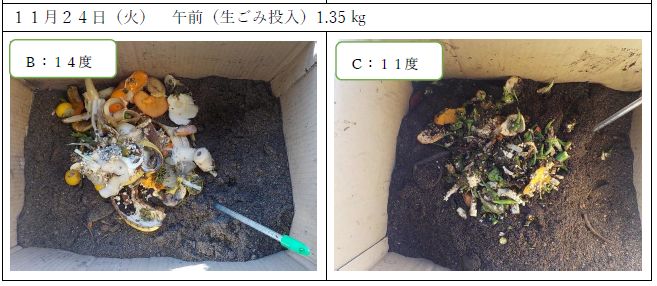 1.35キログラムの野菜の切れ端や果物の皮などを投入し攪拌した写真（左 B：14度、右 C：11度)