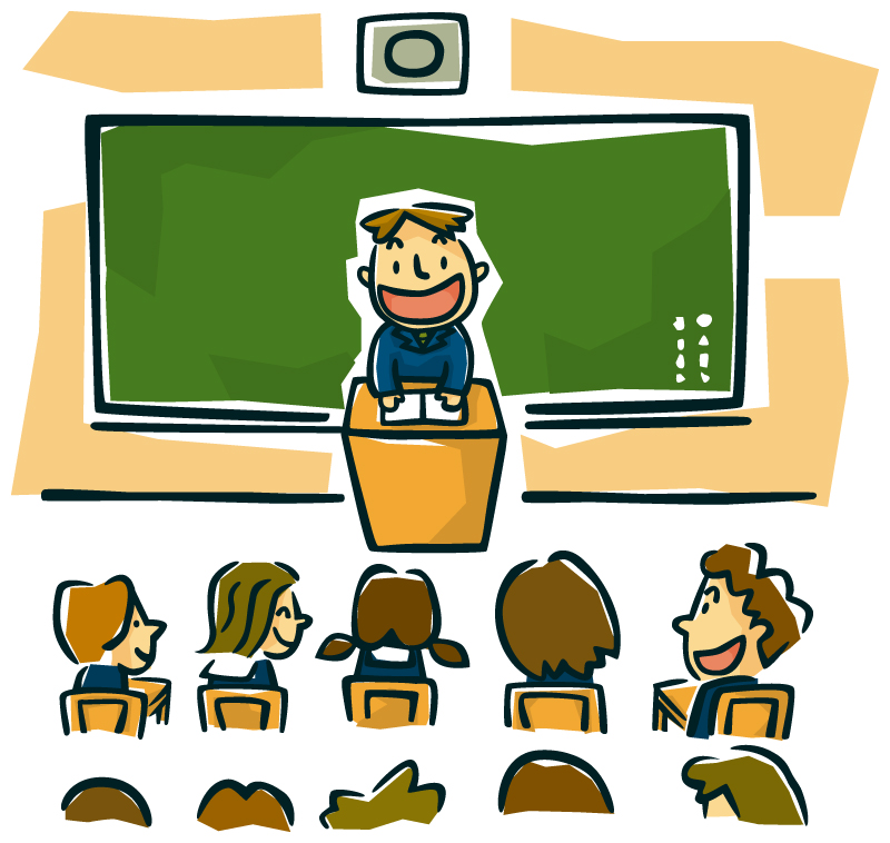 黒板の前に先生が立ち、生徒たちが話を聞いている授業中のイラスト