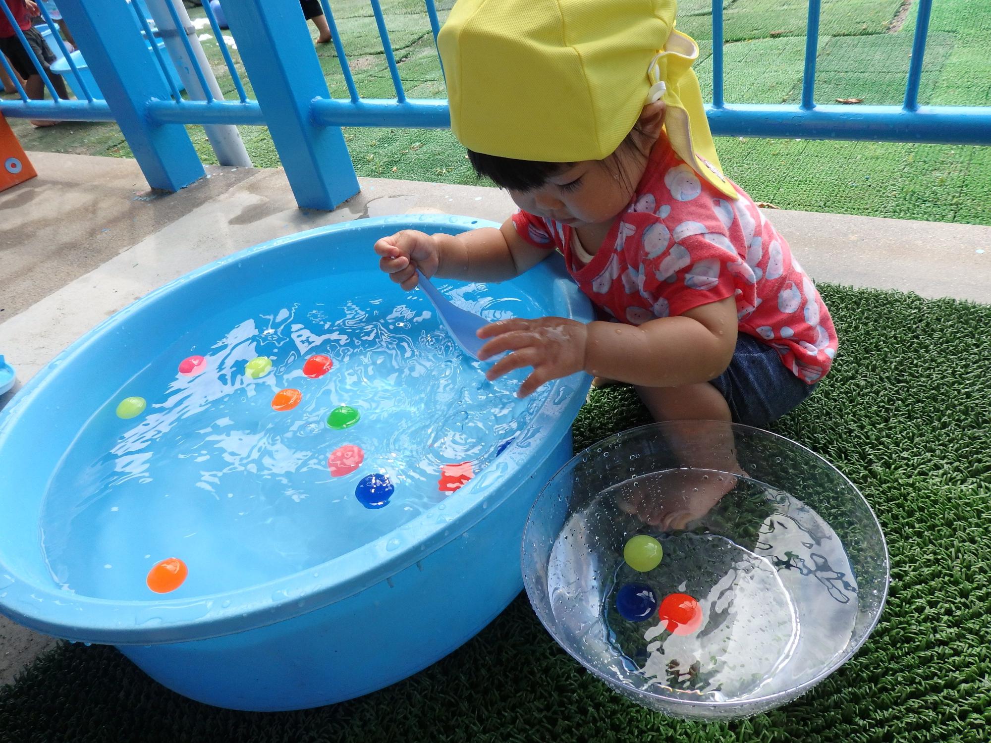 水色のタライの水の中に入ったピンポン玉で遊ぶ園児の写真