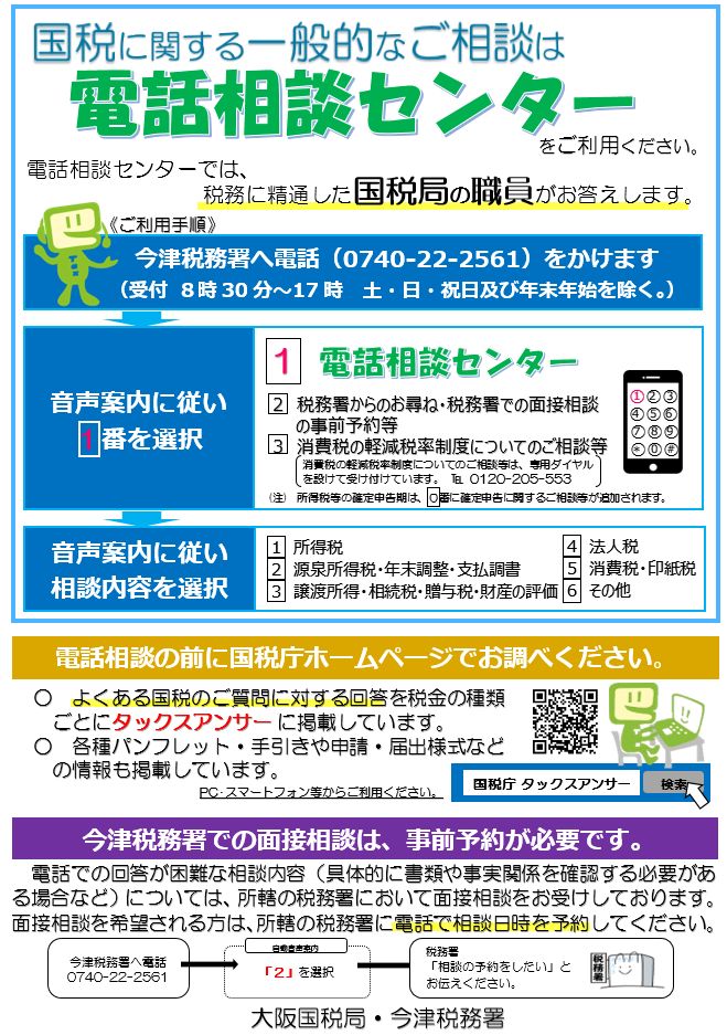 国税に関する一般的なご相談は電話相談センターをご利用ください。の案内リーフレット