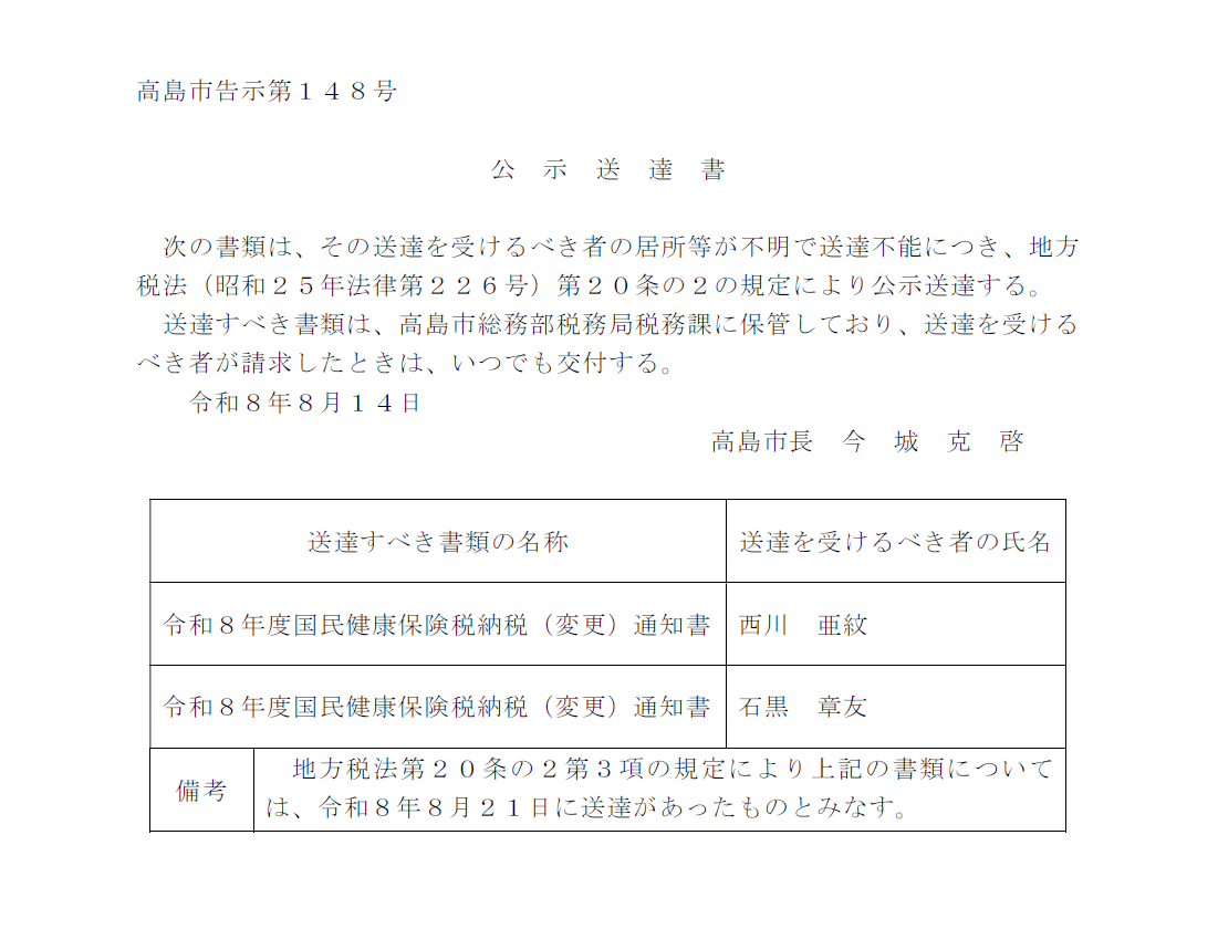 国民健康保険税公示送達書