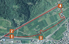 西浜候補地の区画を赤枠で囲み1番から4番の箇所を示した航空写真