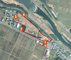 南船木候補地の区画を赤枠で囲み1番から4番の箇所を示した航空写真