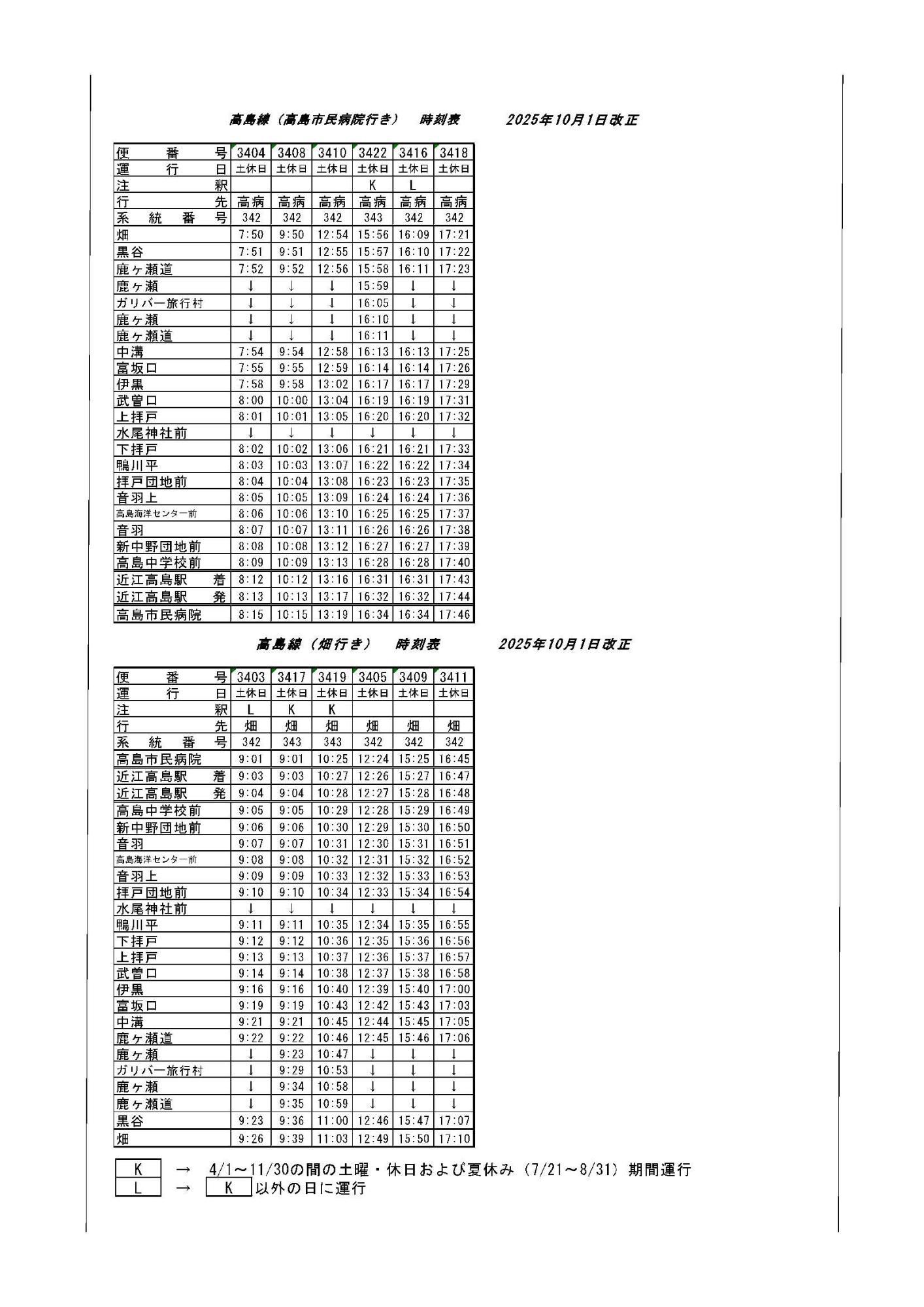 令和7年10月1日からのコミュニティバス畑線の土休日の時刻表です。