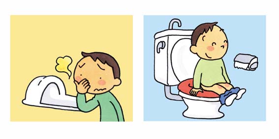 （左から）汲み取り式トイレから嫌な臭いが出て鼻を抑えている男の子のイラスト、水洗トイレに笑顔で座っている男の子のイラスト