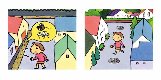 （左から）ドブから蚊やハエが発生し嫌な顔をしている女の人のイラスト、道路にマンホールができ快適に歩いている女の人のイラスト