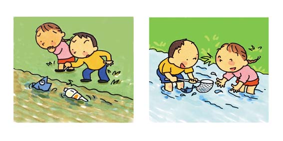（左から）死んだ魚やごみが浮いている湖を見て怪訝な表情をしている子どもたちのイラスト、綺麗な湖で魚取りをして遊んでいる子どもたちのイラスト