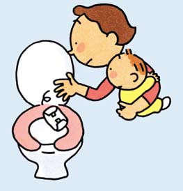 お母さんが赤ちゃんを抱きかかえながら、トイレにおむつを捨てているイラスト