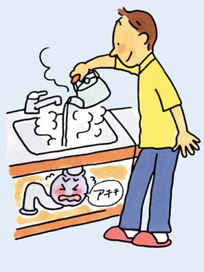 男性が台所のシンクに熱湯を流し、下水管に負荷が掛かっているイラスト