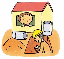 業者の男性が穴を掘って工事している様子を、女性が家の中から見ているイラスト