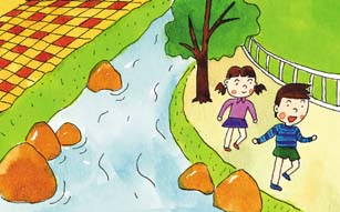 綺麗な川が流れ傍には木が立っており、川沿いを女の子と男の子が歩いているイラスト
