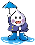 水色の傘を片手に持ち上げ、紫の服を着て水色の長靴を履いている水のキャラクターのイラスト