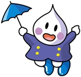 青い傘を片手に持ち上げ、紫の服を着て青い長靴を履いている水のキャラクターのイラスト