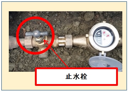 水道メーターに付いている止水栓を赤マルで示している写真