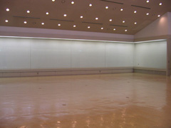 天井に丸型の照明がいくつも設置されている展示室1の内観の写真