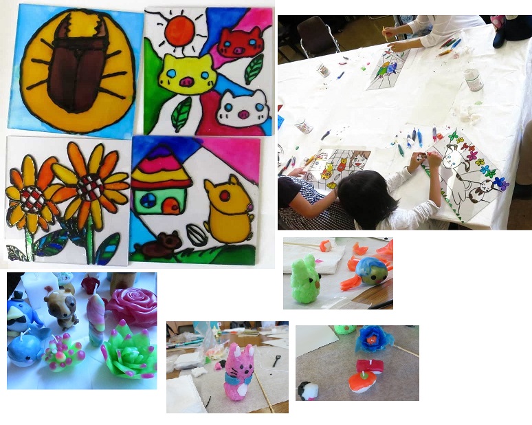左上：教室に参加した子ども達が描いたカブトムシや花、3匹の猫の顔と太陽、丸窓の家の前を歩いている2匹のハムスターのイラストの写真。右上：透明の板に絵を書いたり色付けしている子供たちの写真。左下：ロウでイルカやタヌキ、ペンギン、バラの花などが作られたキャンドルと全身ピンク色の猫の置物の写真。右下：全身緑色のトトロと青色の髪の毛の動物の置物、寿司の形のキャンドルの写真（ぶんげいこうさく教室「かざろう！」ページへリンク）