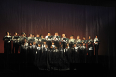 ステージに3列に並んで立っている人達が歌っている合唱の写真