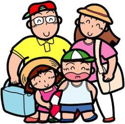 父母と男の子と女の子の家族4人が、浮き輪を持って遊びに出かけようとニコニコしているイラスト
