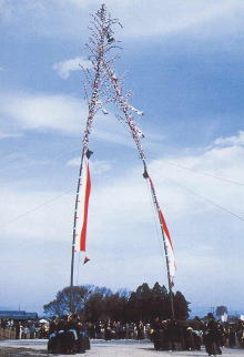 高さ約18メートルの大竹に赤・青・白の飾りをつけた大のぼりを持っている人々や祭りに集まっている人々の写真