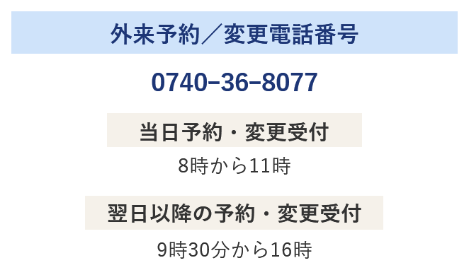 外来予約／変更電話番号 0740ｰ36ｰ8077 当日予約・変更受付 8時から11時 翌日以降の予約・変更受付 9時30分から16時