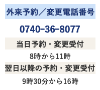 外来予約／変更電話番号 0740ｰ36ｰ8077 当日予約・変更受付 8時から11時 翌日以降の予約・変更受付 9時30分から16時